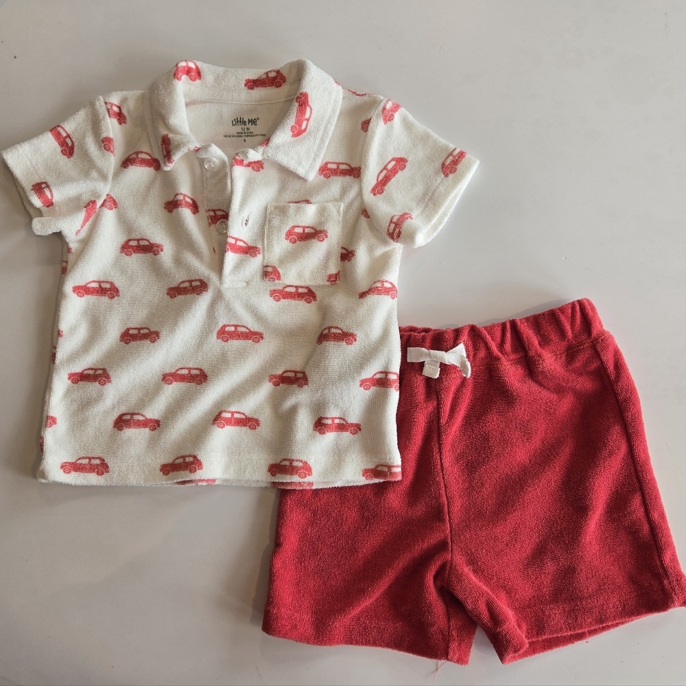 Little Me White and Red Car Print Terry Short And Polo Set 12m
